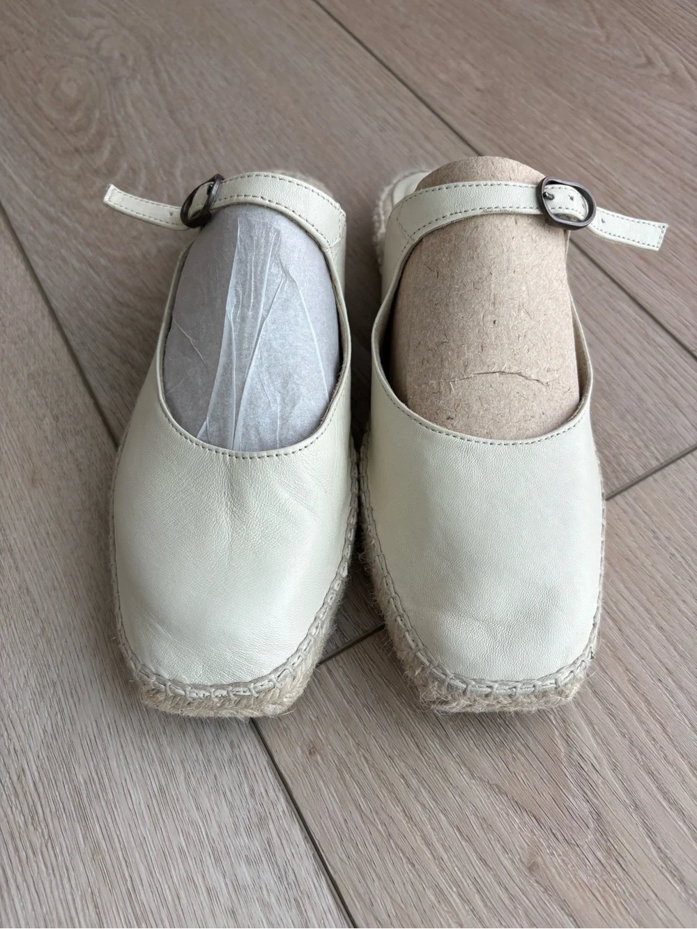 INTENTIONALLY BLANK Cream Leather Espadrille Mule with Buckle Strap